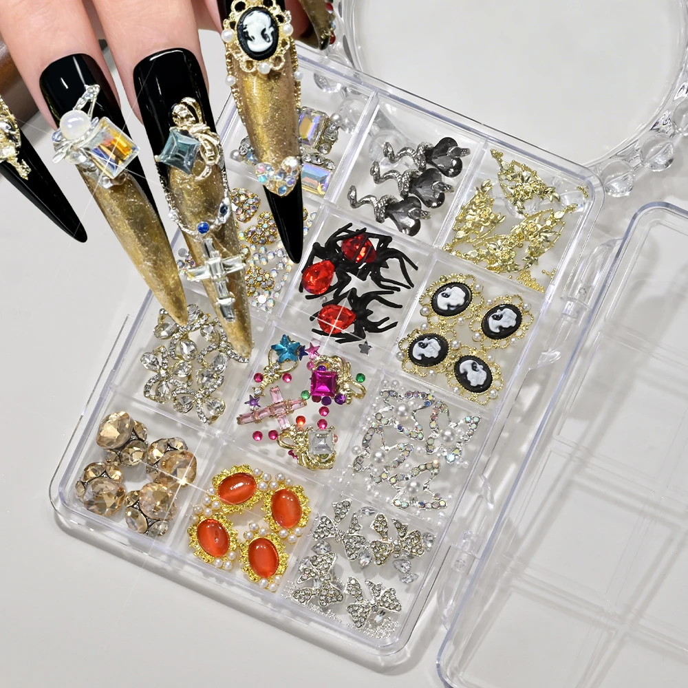 

12Grid Box Halloween Spider Nail Art Decoration Mixed Large Diamond Ball Nail Charms Red Gemstone Alloy Butterfly Nail Supplies