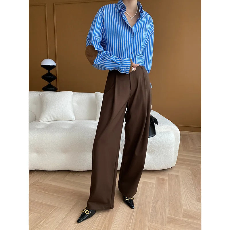 Suede Patchwork Vertical Striped Loose Blue Shirt Layered Autumn And Winter Blouse