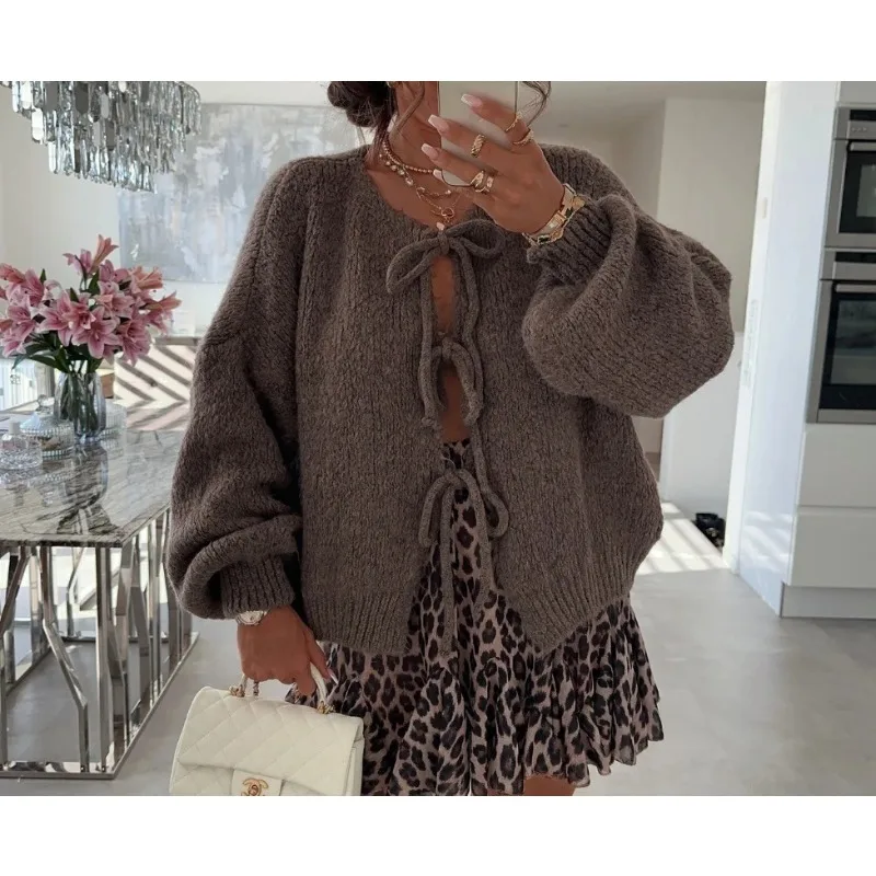 

Knitwear Lace-Up Hollow Out Cardigan Top Women's Patchwork Fashion Autumn High Street Clothes Knit Y2k Bandage Cardigan