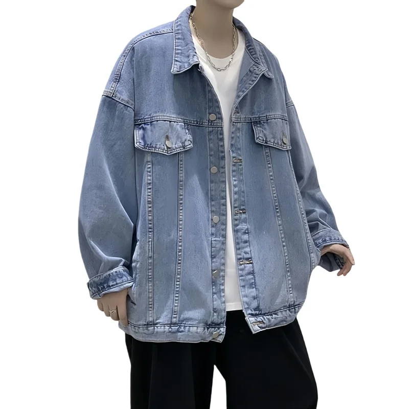 

Spring Autumn Men's Denim Jacket Solid Color Lapel Cardigan Top High Street Fashion Plus Size Loose Casual Handsome Cargo Jacket