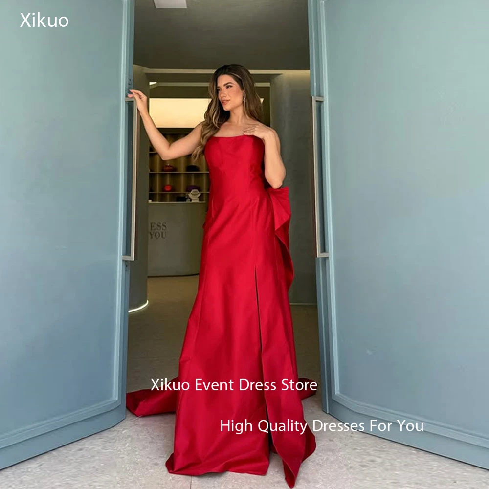Xikuo Anmutige Rote Satin Abendkleider Lange A-linie Trägerlose Robe Cocktail Femmes Gericht Zug Party Prom Kleider Angepasst