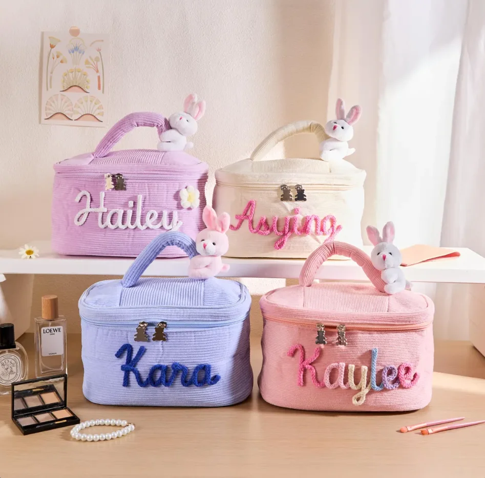 Personalized Makeup Organizer for Teens - Custom Embroidered Cotton Cosmetic Bag with Bunny, Milestone Reward & Achievement Gift