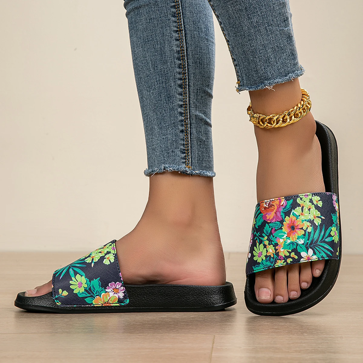 1 Pair of Women's Gardenia Flower Print Indoor Flat Slippers, Eva Soft-Soled Shoes, Indoor and Outdoor Home Slippers, Beautiful and Stylish, Suitable for All Seasons - view 5