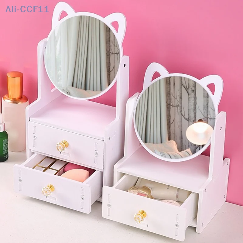 Assembly Makeup Mini Table Multifunctional Cosmetics Storage Rack With Rotating Mirror Skin Care Products Organizer Drawer Shelf