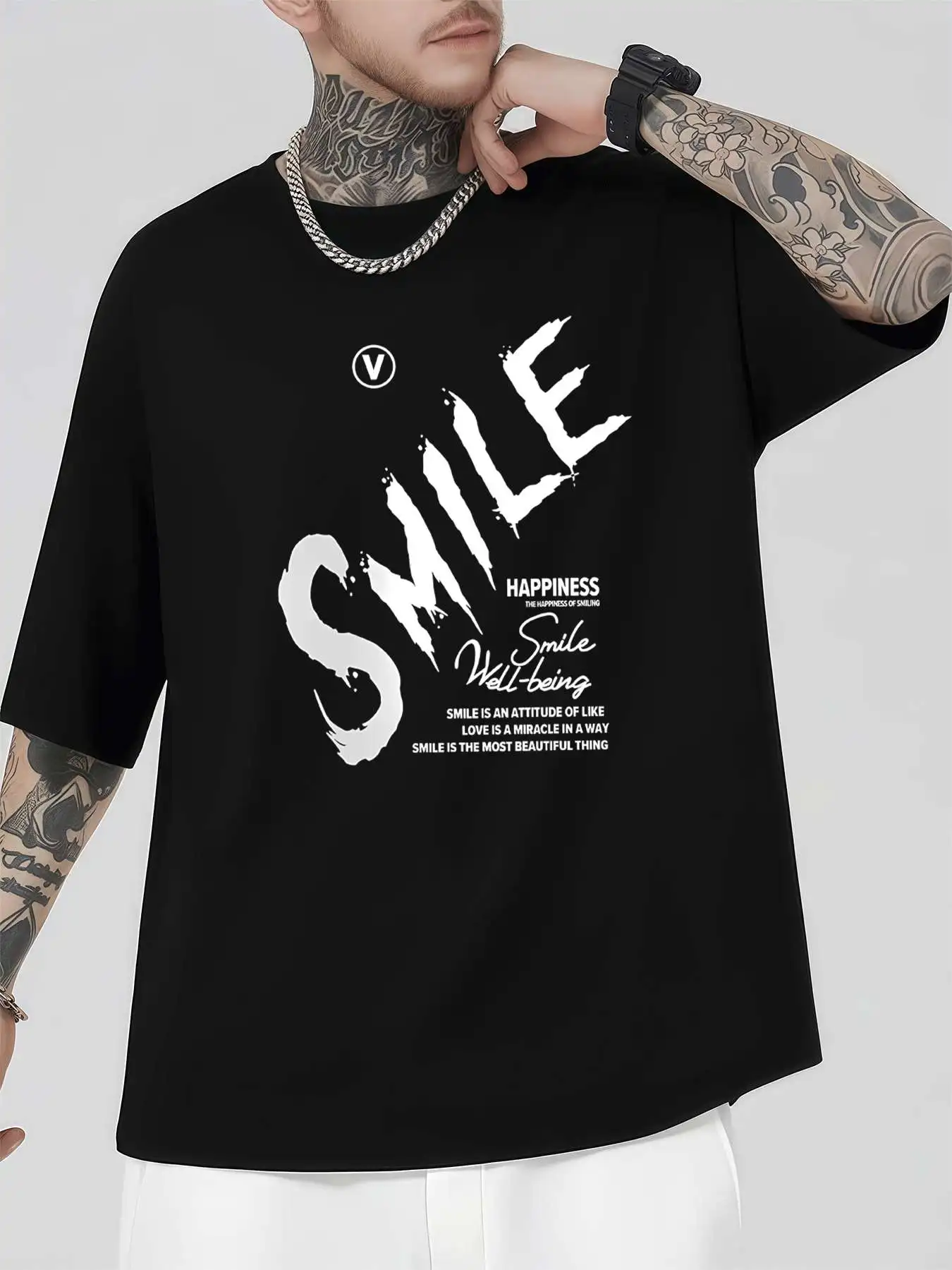

Мужская футболка с рисунком улыбки, 220 г/м2, новая летняя повседневная футболка с круглым вырезом из чистого хлопка с короткими рукавами