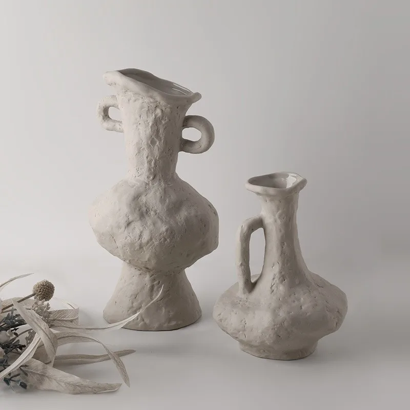 Juego de Jarrones de Cerámica Hechos a Mano Estilo Wabi-Sabi, Jarrones Rústicos con Textura Estilo Anfora para Decoración Minimalista del Hogar