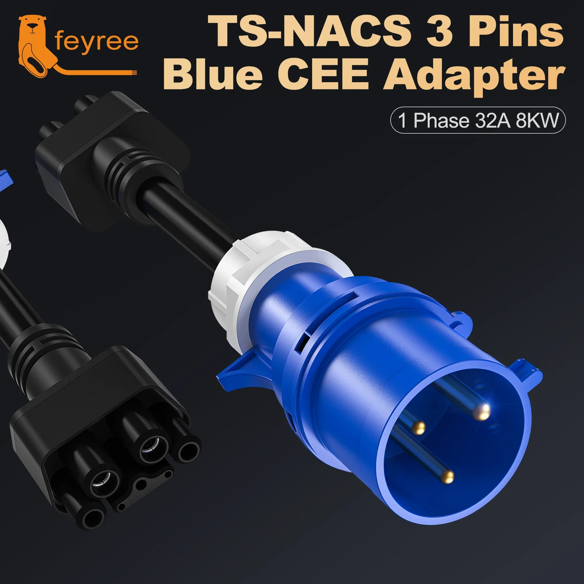 feyree for TS-NACS 3 pin Blue CEE Adapter for Tesla Model S,3,X,Y Gen 2 EV Charger Extension Connector 240V Outlet at 32A 10Inch