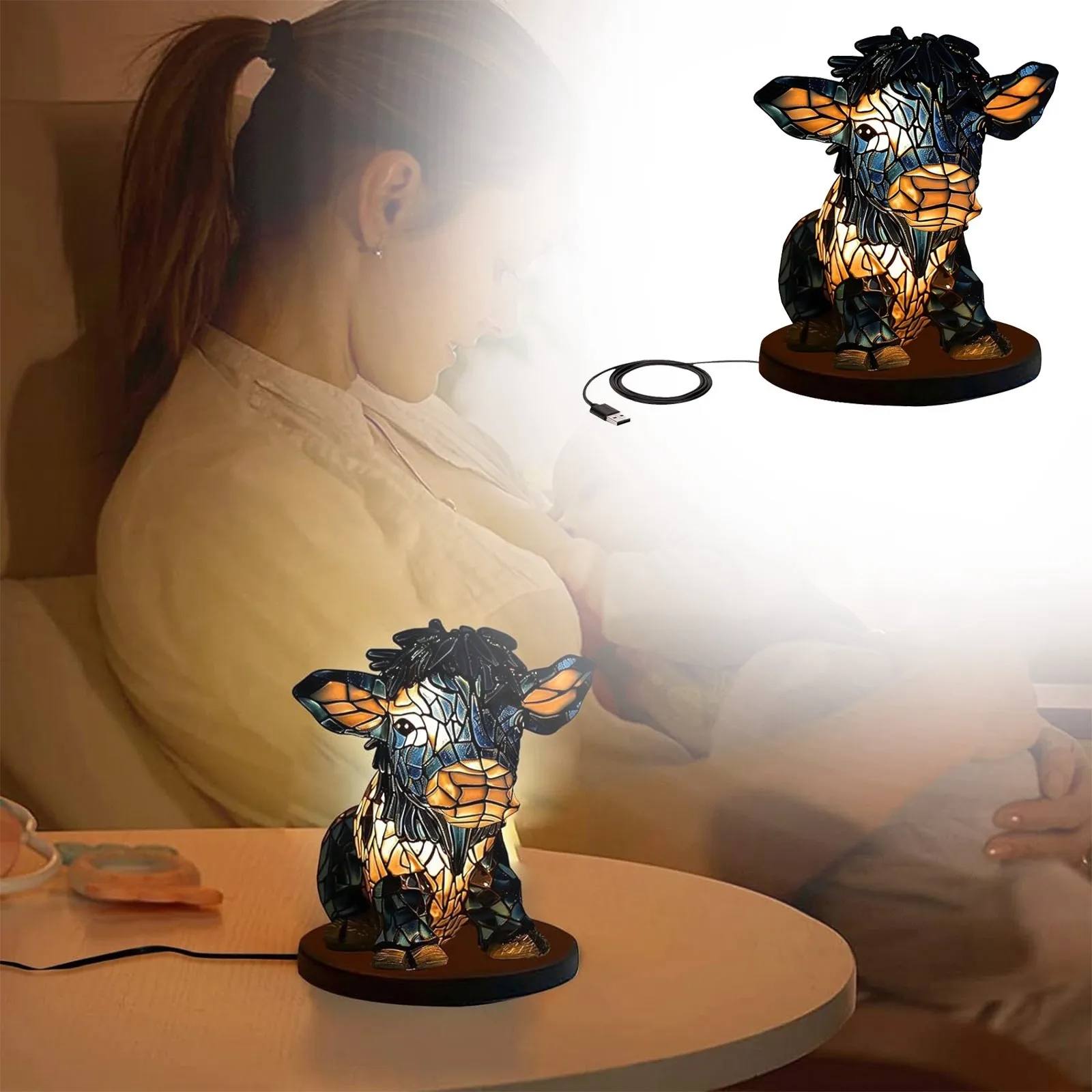 Cow Table Lamp Bedside With USB Ports Living Room Bedroom Dormitory Office Ornament Table Portable Lamp Beautiful Night Light