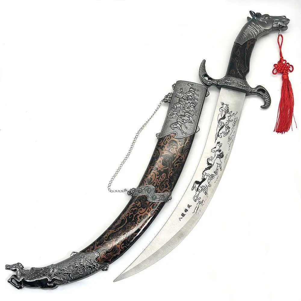 Genghis Khan's high-end horse head scimitar engraving Ba Jun Tu ancient characteristic sword sending swing frame unopened blade
