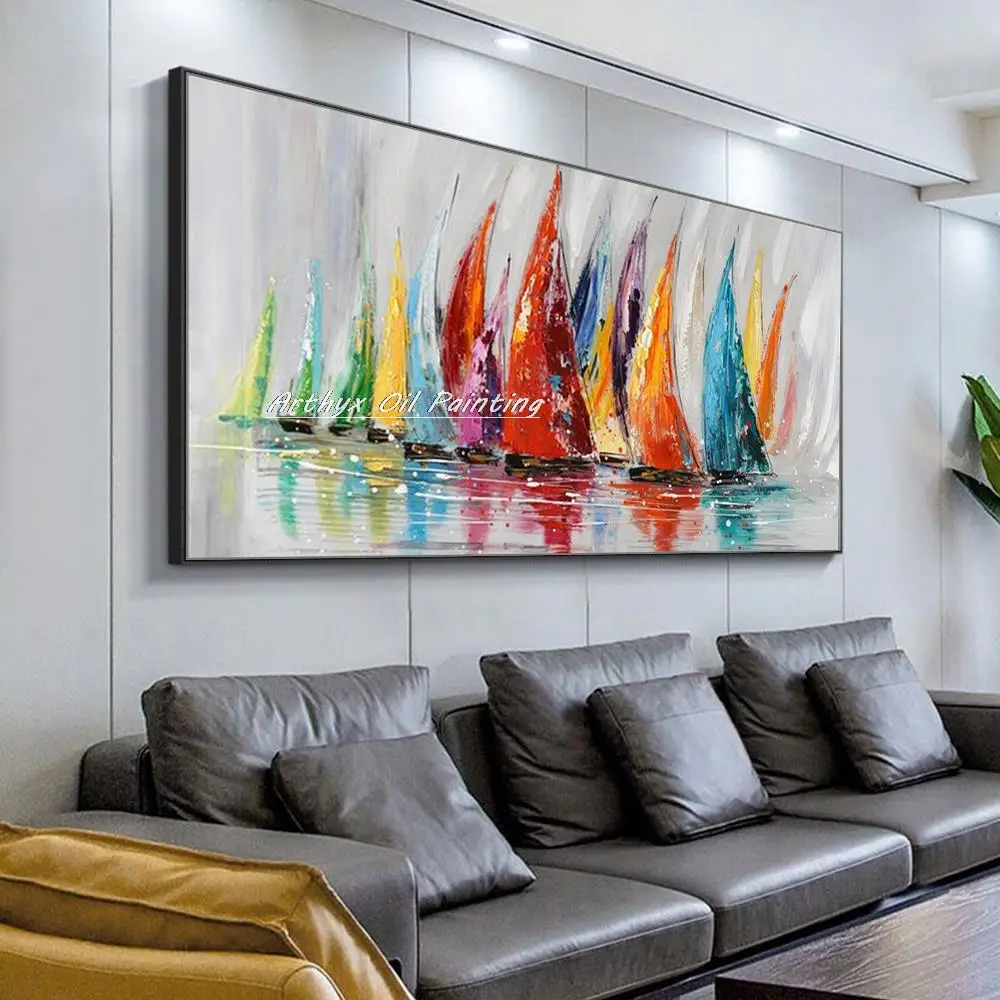 Arthyx,Handpainted Boat Oil Painting On Canvas,Handmade Abstract Ship Landscape,Wall Art Picture For Living Room Home Decoration