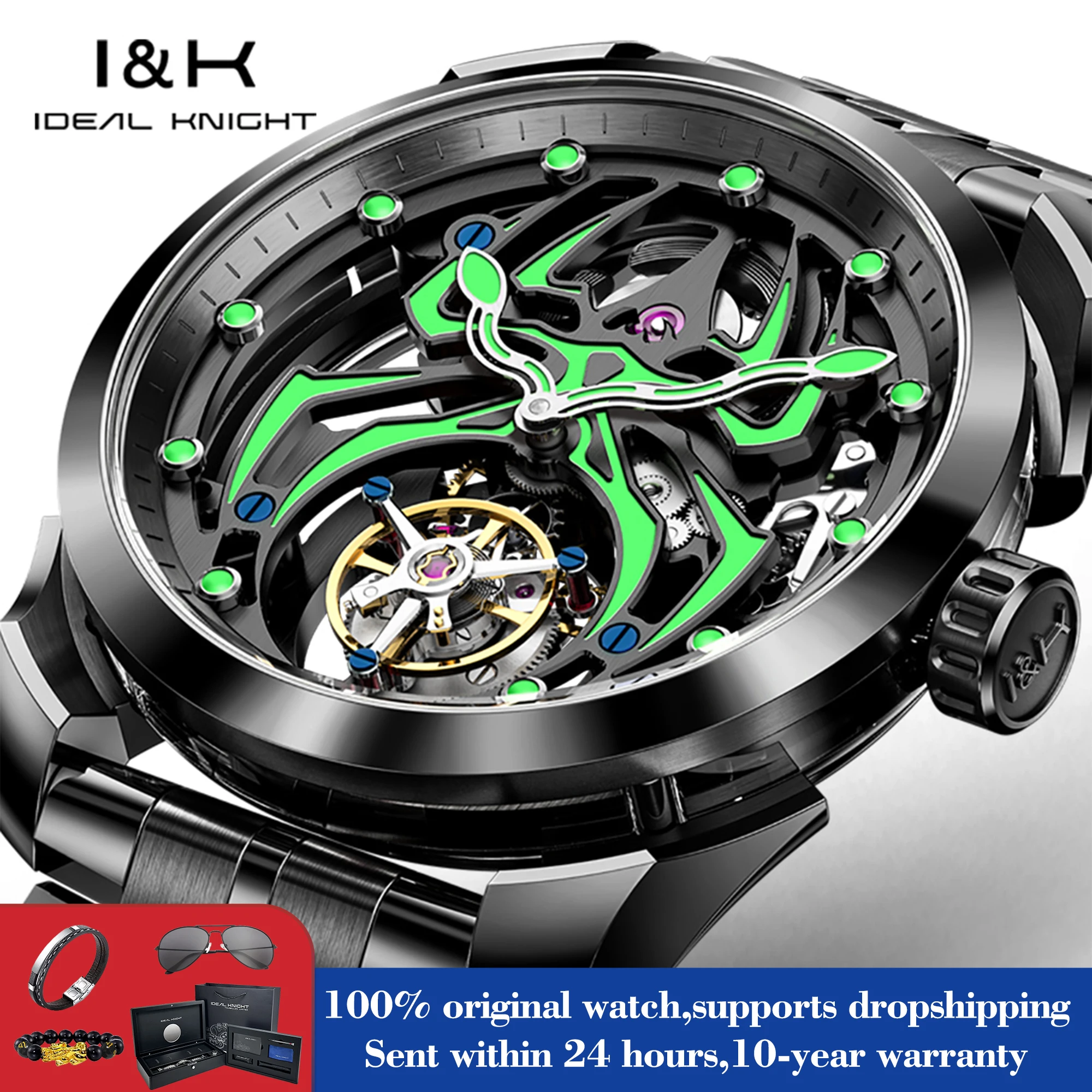 IDEAL KNIGHT 6802 Hollow Skeleton Mechanical Watch For Men Luminous Spider Tourbillon Hand Clock Original Deep Waterproof Watch