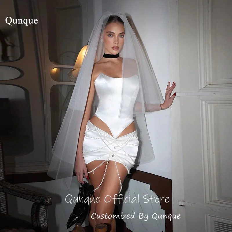 Qunque White Mini Set With Pearl Chain Wedding Dress Delicate Evening Dress Bodycon Bridal Vestido De Novia Boda Customized