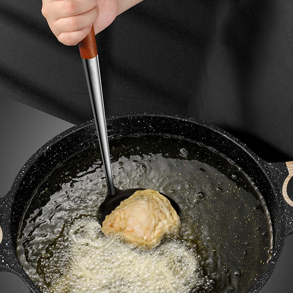 

Oil Pancake Spoon Stainless Steel Frying Spoon Non-Stick Kitchen Tool For Fried Snacks Cooking Utensil Wooden Handle