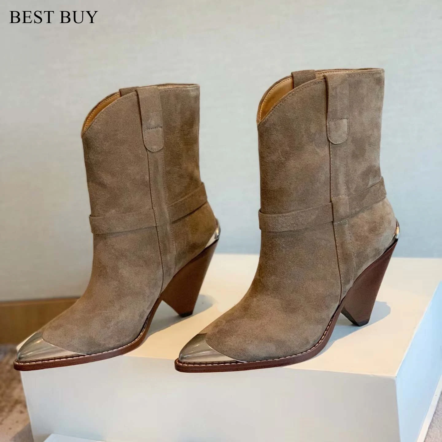 Metal Toe High Heel Women Boots Genuine Leather Short Ankle Boots Suede Leather Pointed Toe Heels Shoes Ladies Matin Boots 2024