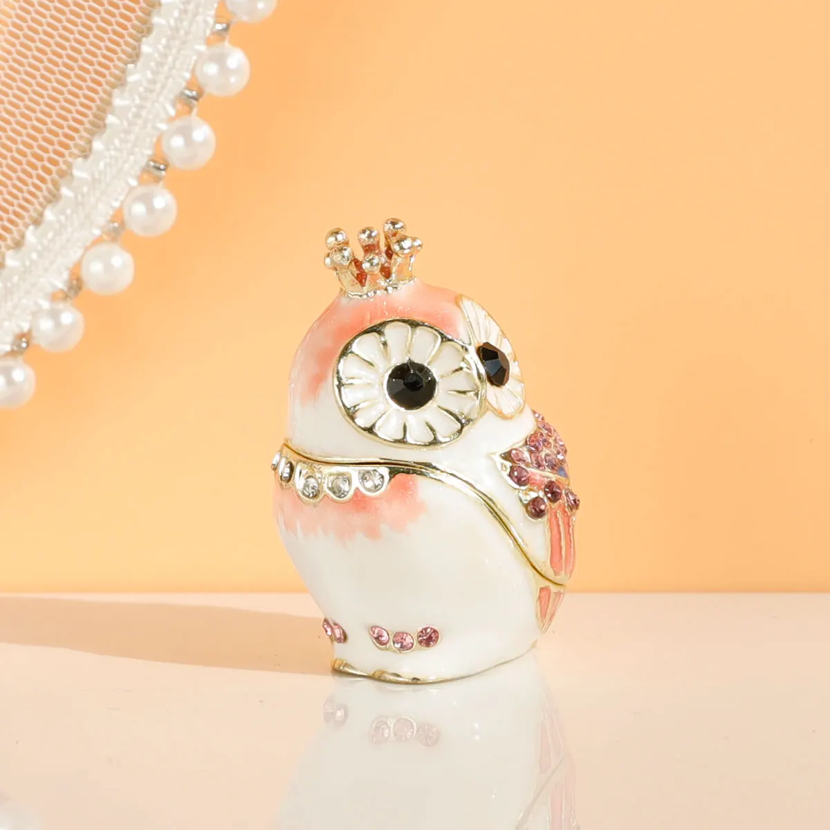 Cute Big Eyes Owl Holding Pink Bouquet Trinket Box with Hinged Classic Animal Ornaments Unique Gift for Family