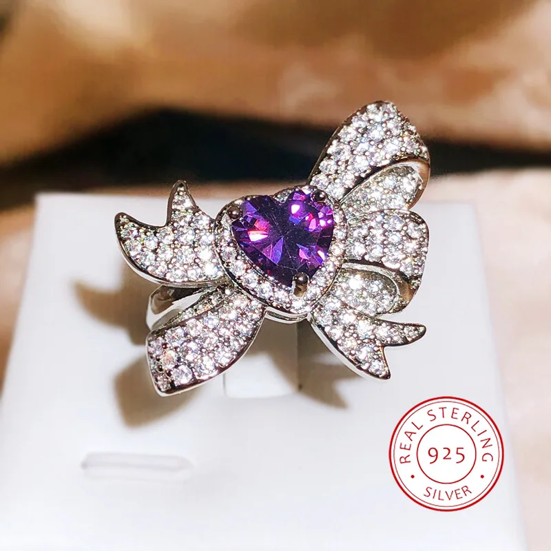 Fashion Geometry Heart Shape Zircon Adjustable Ring Brilliant Shiny White Zircon Bow Ladies Premium 925 Sterling Silver Jewelry