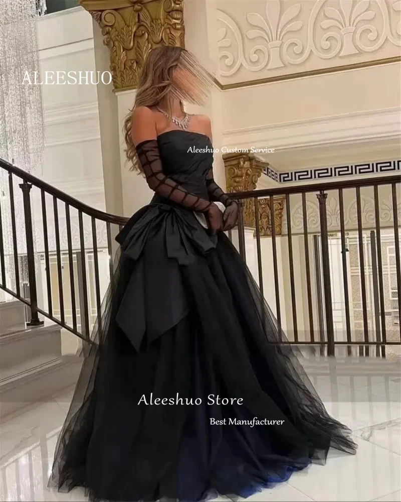 Aleeshuo Black Sexy Strapless Prom Dress Tulle Evening Dress Saudi Arabia Formal Ball Gown فستان سهرة Floor Length Party Dress