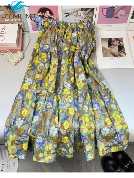 Summer Fashion Flower Printed Patchwork Elastic Waist A-line Skirt for Women Spring Fashion Beautiful Elegant Loose Casual Dress