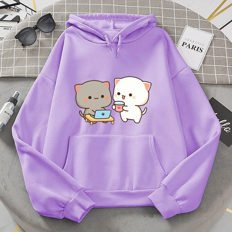 

Kawaii Peach and Goma Mochi Cat At Work Hoodie Couples Autumn and Winter Cartoon Sweatshirts Cute Girls Necessary Hoodies