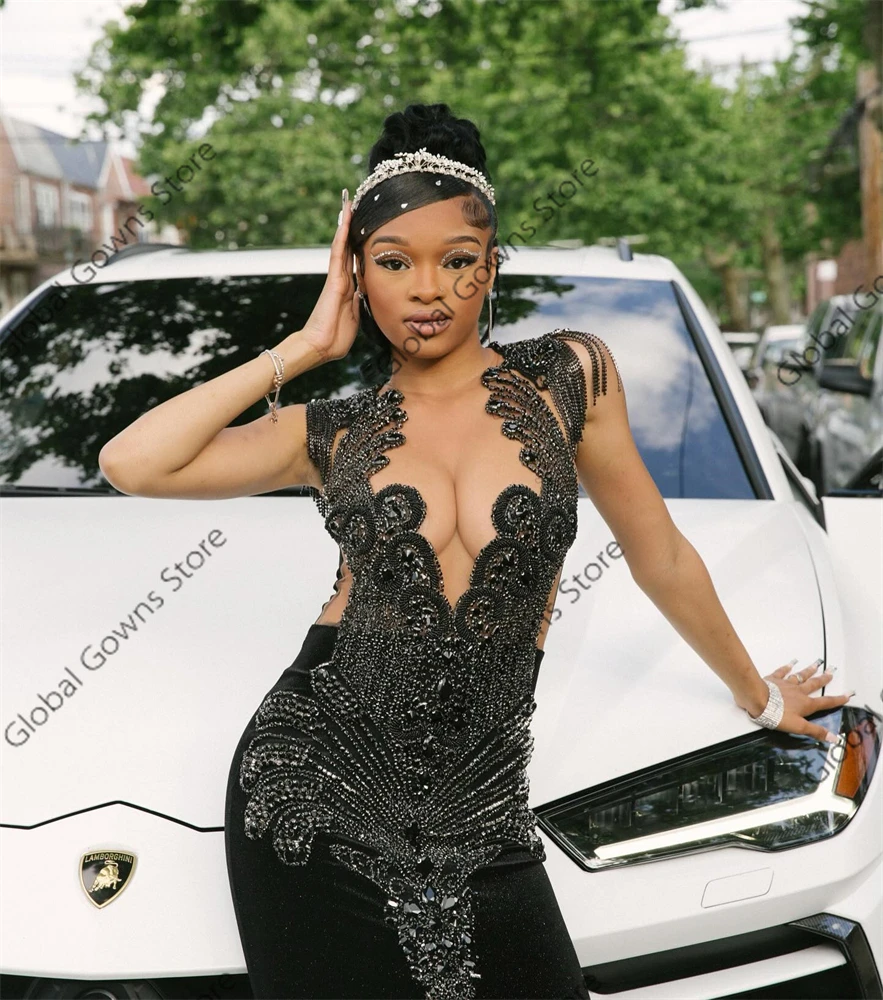 Black O Neck Beaded Crystal Long Prom Dresses Rhinestone 2024 Birthday Luxury Dress Feathers Formal Gown Tassel Celebrity Dress