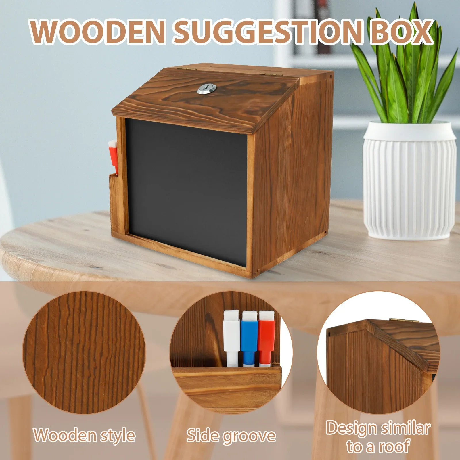 

Wood Suggestion Box Wall Mounted Ballot Box Vintage Donation Box with Slot, Lock,Chalkboard Multifunctional for Church Wedding