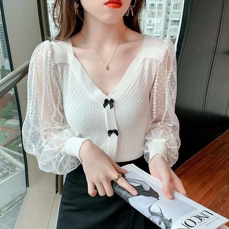 Sexy Lace Gauze Long Sleeve Shirt Knitted Spliced Fashion Sweet Bow Female Clothing Spring Autumn Slim Elegant V-Neck Blouse New