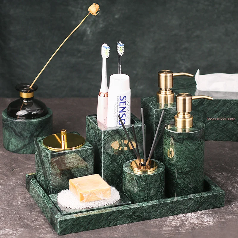 Bathroom Set Marble Liquid Soap Dispenser Toothbrush Holder Gargle Cup Tray Cotton Swab Tissue Box Sell Separately Nordic Style