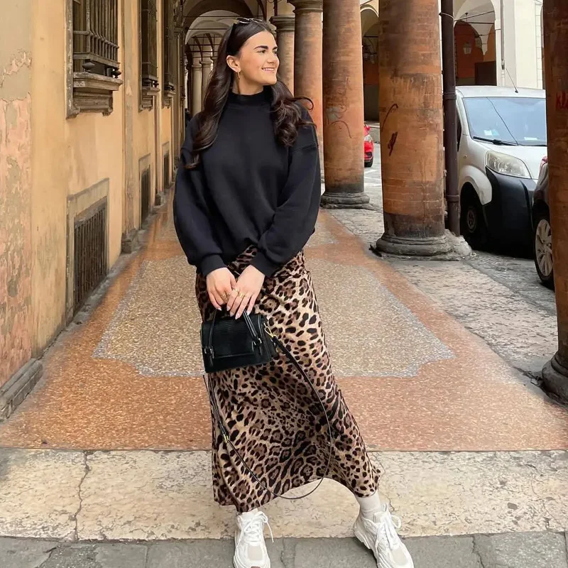 Traf leopardo impressão feminina midi saia de cintura alta elegante saias longas para mulheres outono vintage saia de cetim mulher saias elegantes