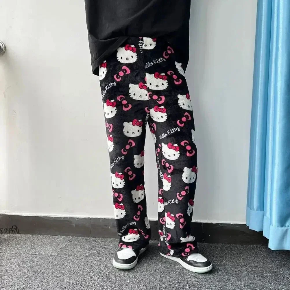 Cadılar bayramı Sanrio Hello Kitty Pijama Pantolon Anime Flanel Rahat Moda Gevşek Pantolon Kadın Kawaii Yün Anime Karikatür Pantolon