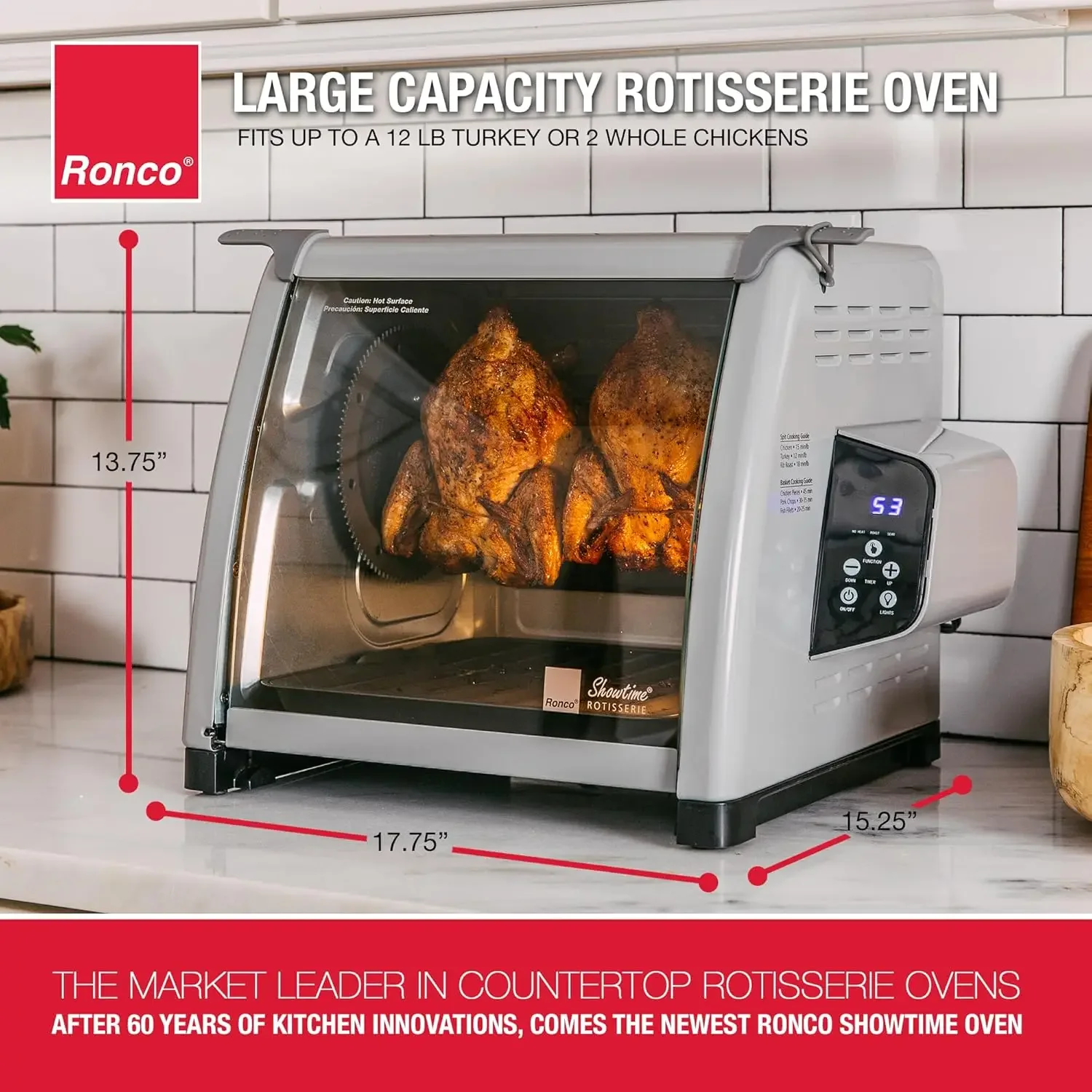 Horno asador serie Platinum 6000, pantalla digital, capacidad de 12 libras, apagado automático, incluye husillo asador, multiusos