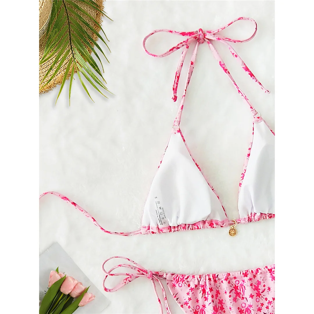 Blumenmuster-Bikini mit seitlichem Schnürband, Damen-Badeanzug, zweiteiliges Bikini-Set, Badebekleidung, Badeanzug, Modell V6437. – Detail 6