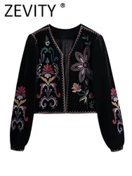 Zevity Women Vintage Flower Embroidery National Style Short Coat Ladies Retro Open Stitching Casual Velvet Jacket Tops CT100