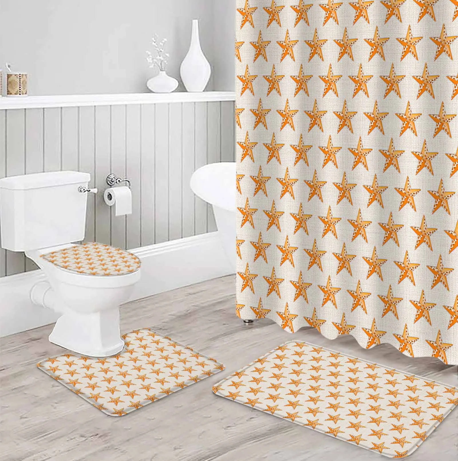 Leaf Pentagram TexturePolyester printed shower curtain bathroom setluxurious curtainsabstract4-piece setcoral fleece floor mat