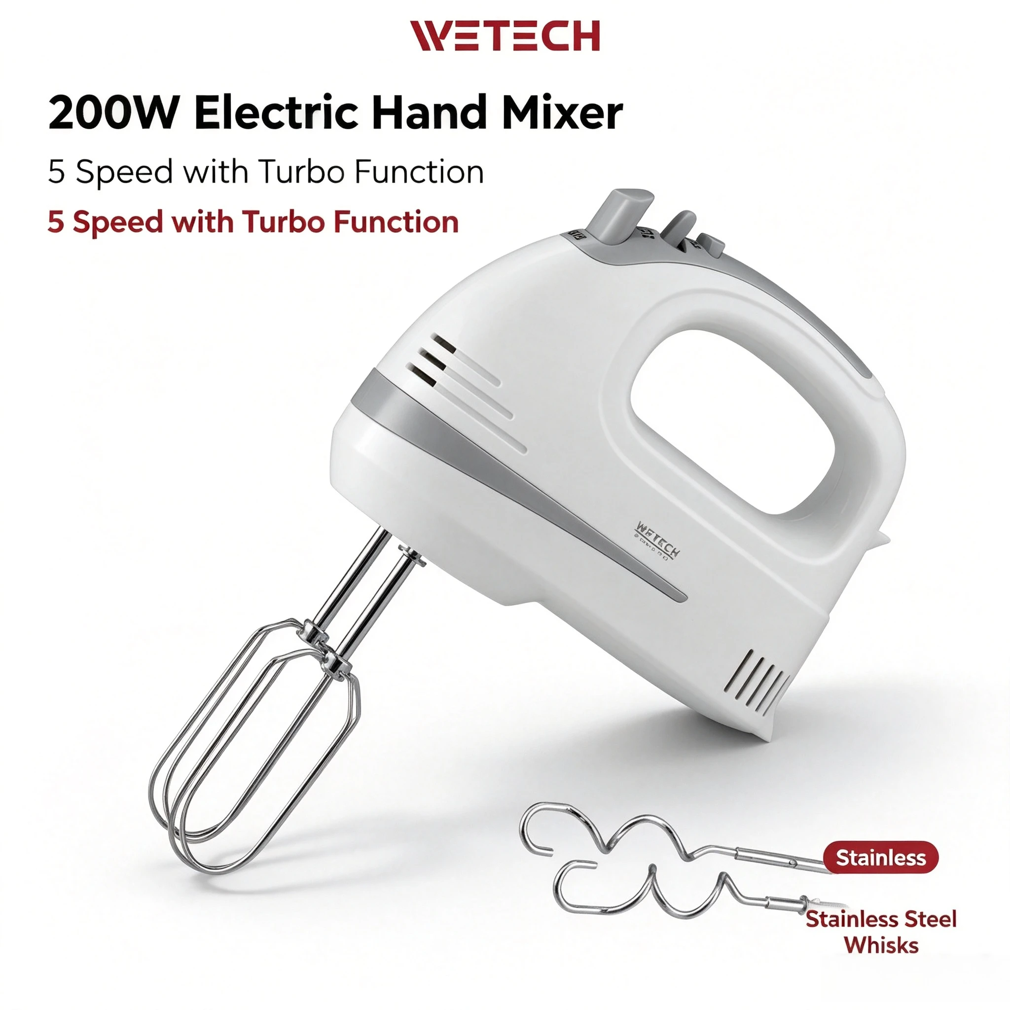 Frullatore elettrico portatile da 200 W, 5 velocità, con funzione turbo, frusta in acciaio inossidabile e ganci per impastare, ideale per preparare torte, pane e altri prodotti da forno, per uso