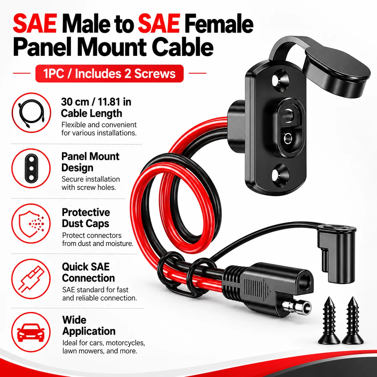 SAE Panel Mount Connector, SAE Quick Disconnect Plug with Waterproof Dust Cap, 12V Power Port for Motorcycle RV Boat