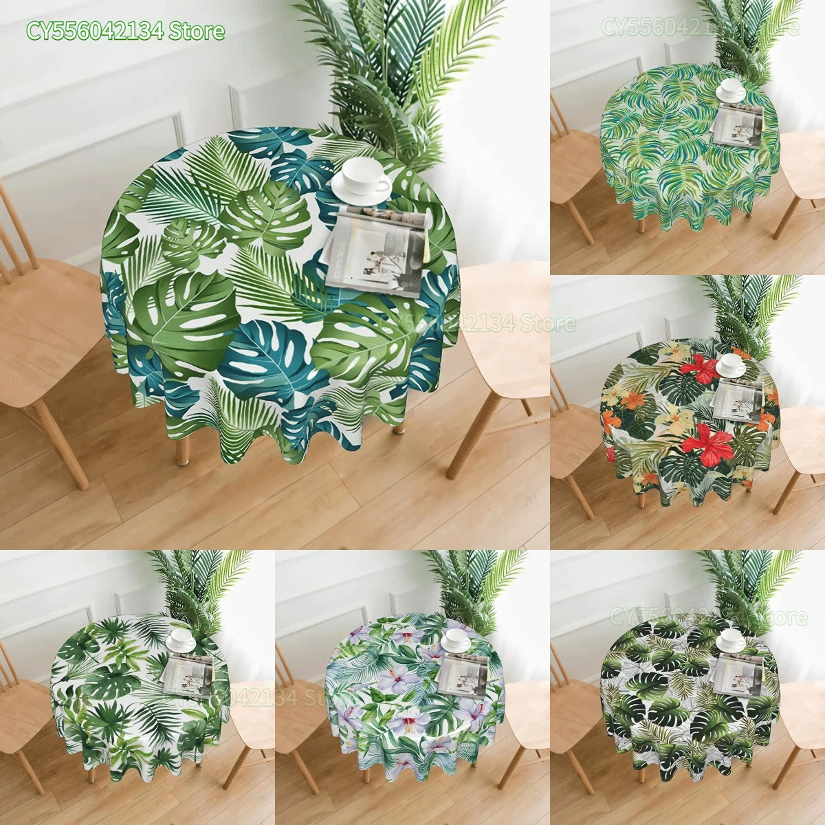 

Tropical Jungle Palm Leaves Round Tablecloth 60 Inch Stain Resistance Polyester Table Cloth Table Cover for Kitchen Dining Table