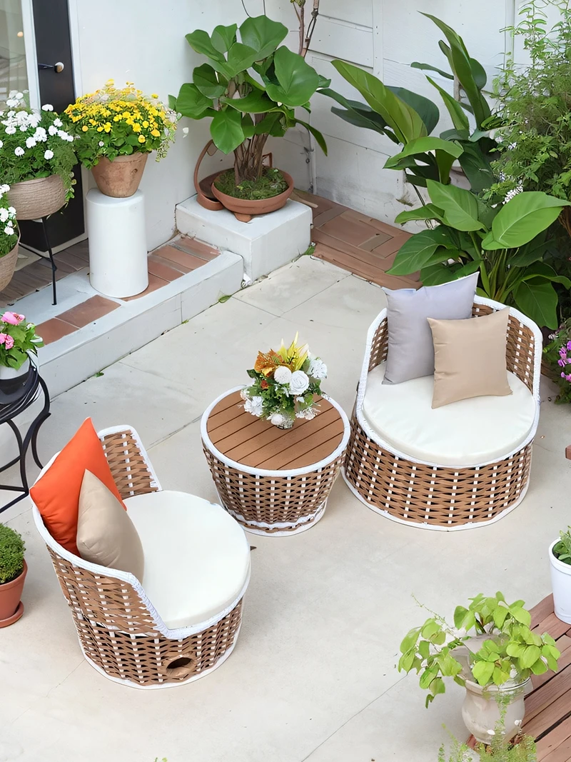 Outdoor rattan sofa wide rattan table and chair three-piece set garden garden leisure rattan table and chair open-air pe rattan