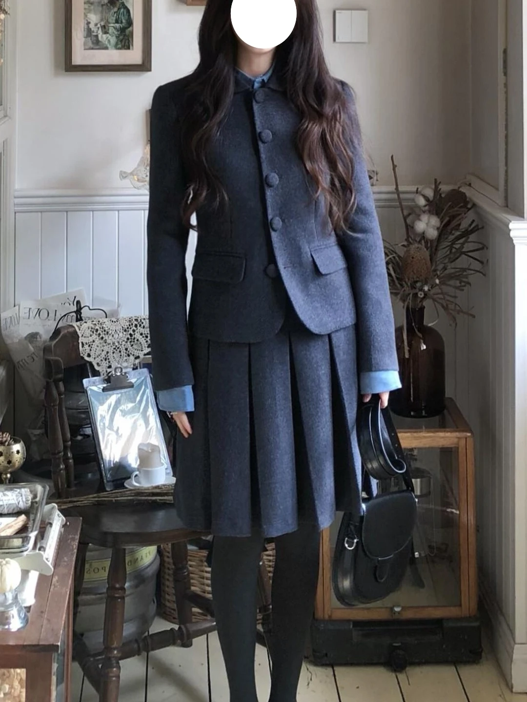 Retro Korean Style Woolen Suit Short Coat Women's Slimming Shirt Pleated Skirt Three Piece Set Autumn Winter Fashion