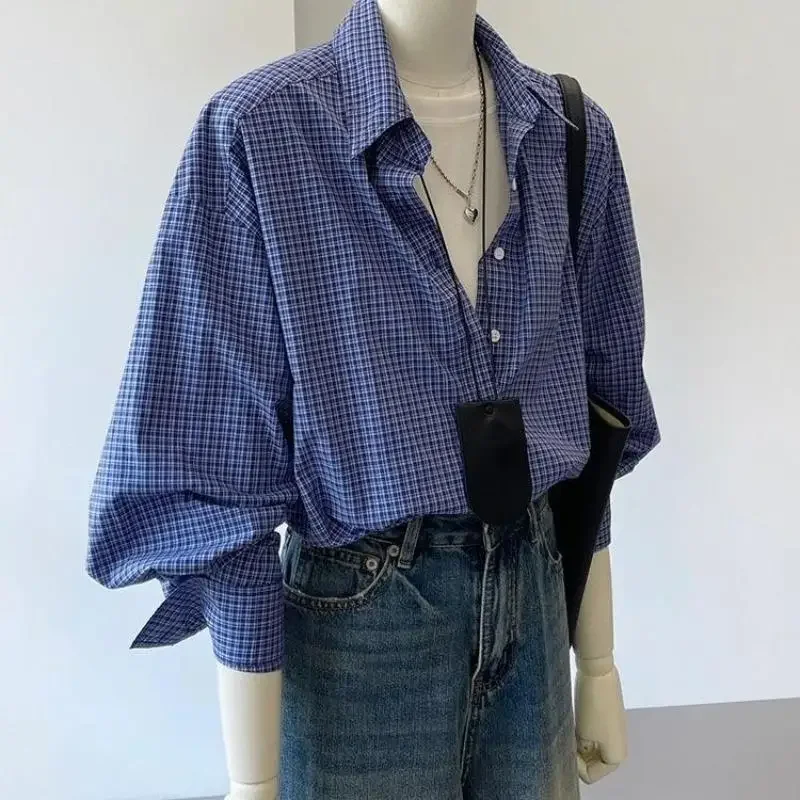 Blaue Vintage Vielseitige Karierte Damenblusen Harajuku Langarm Koreanische Blusen Locker Lässig Pendler-Stil Jugendliches Oberteil