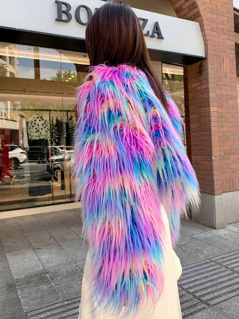 Autumn Winter New Popular Dream Purple Faux Fur Coat Women's Imitation Beach Sheep Woolen Short Colorful Long Sleeves Top Jacket