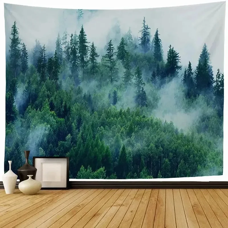 VIKAMA Nature Forest Tapestry, Misty Green Pine Tree Scenery Wall Art Hanging for Bedroom Living Room Photography Backdrop