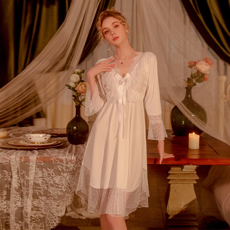 REBEYULI Brand Night Gown Famale Autumn Fashion Velvet Lace Splice Comfortable Night Dress Women Bow Solid Sexy Sleepwear Women