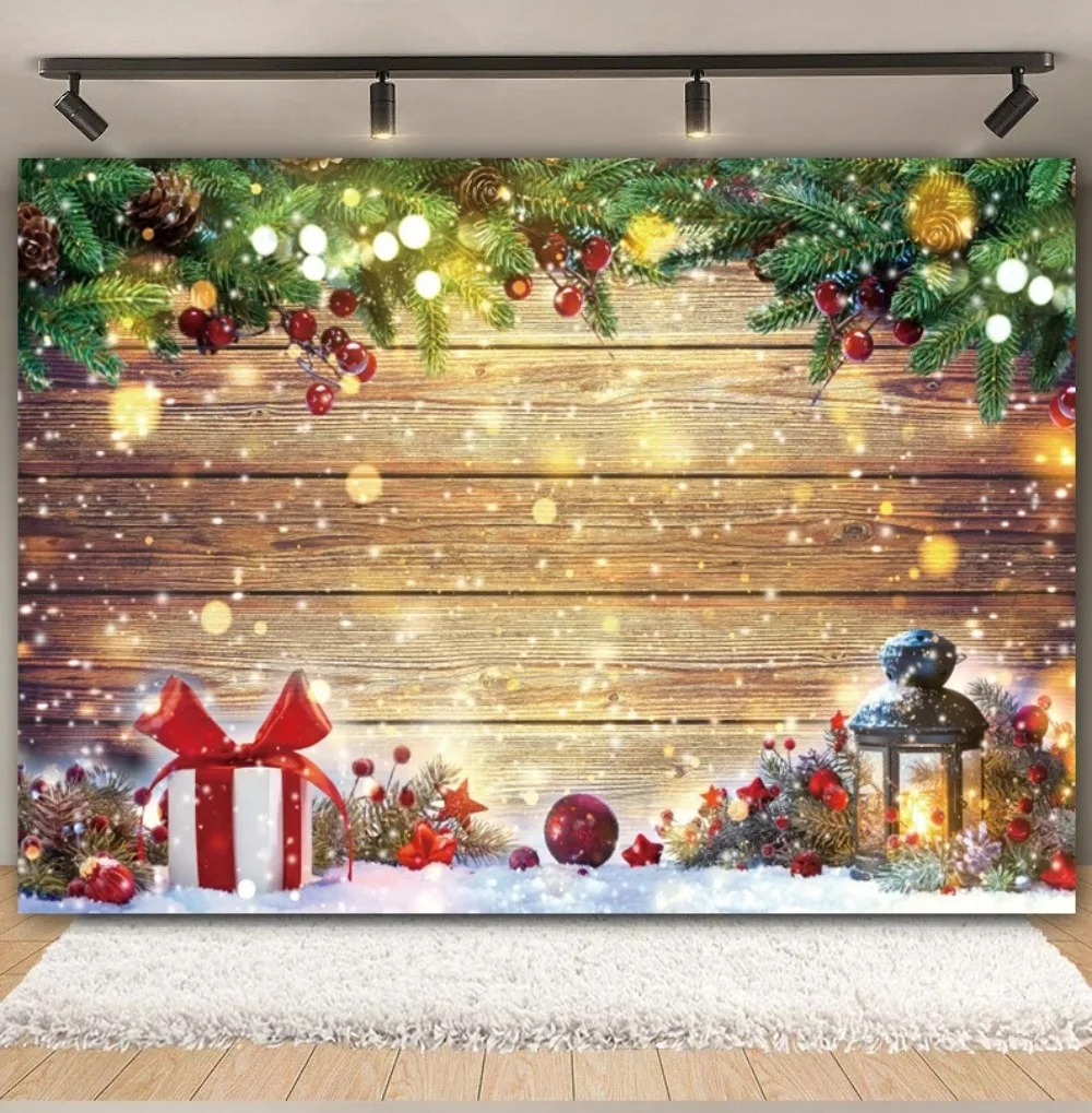 

Christmas Party Backdrop Wooden Board Rustic Wood Wall Xmas Tree Snowman Gift kids Portrait Family Party Photography Background