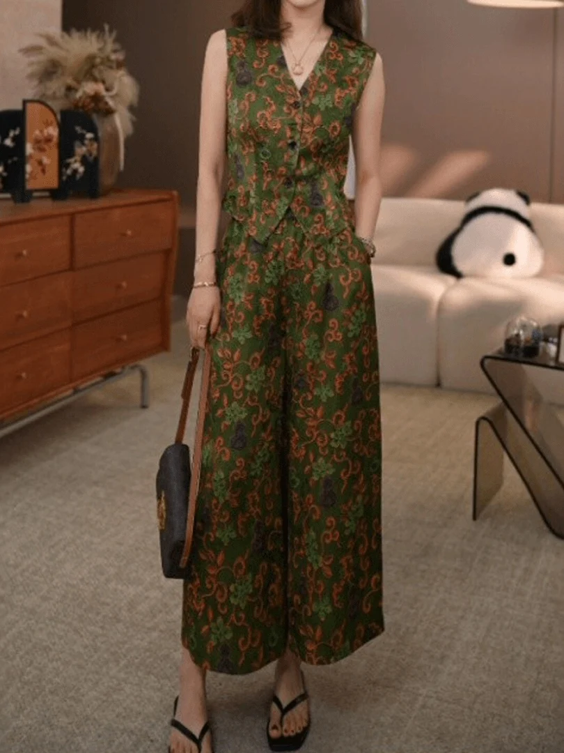 

Elegant Floral Print High Waist Sleeveless V-Neck Women's Set Summer Fashion Top And Wide Leg Pants Two-Piece Ensemble