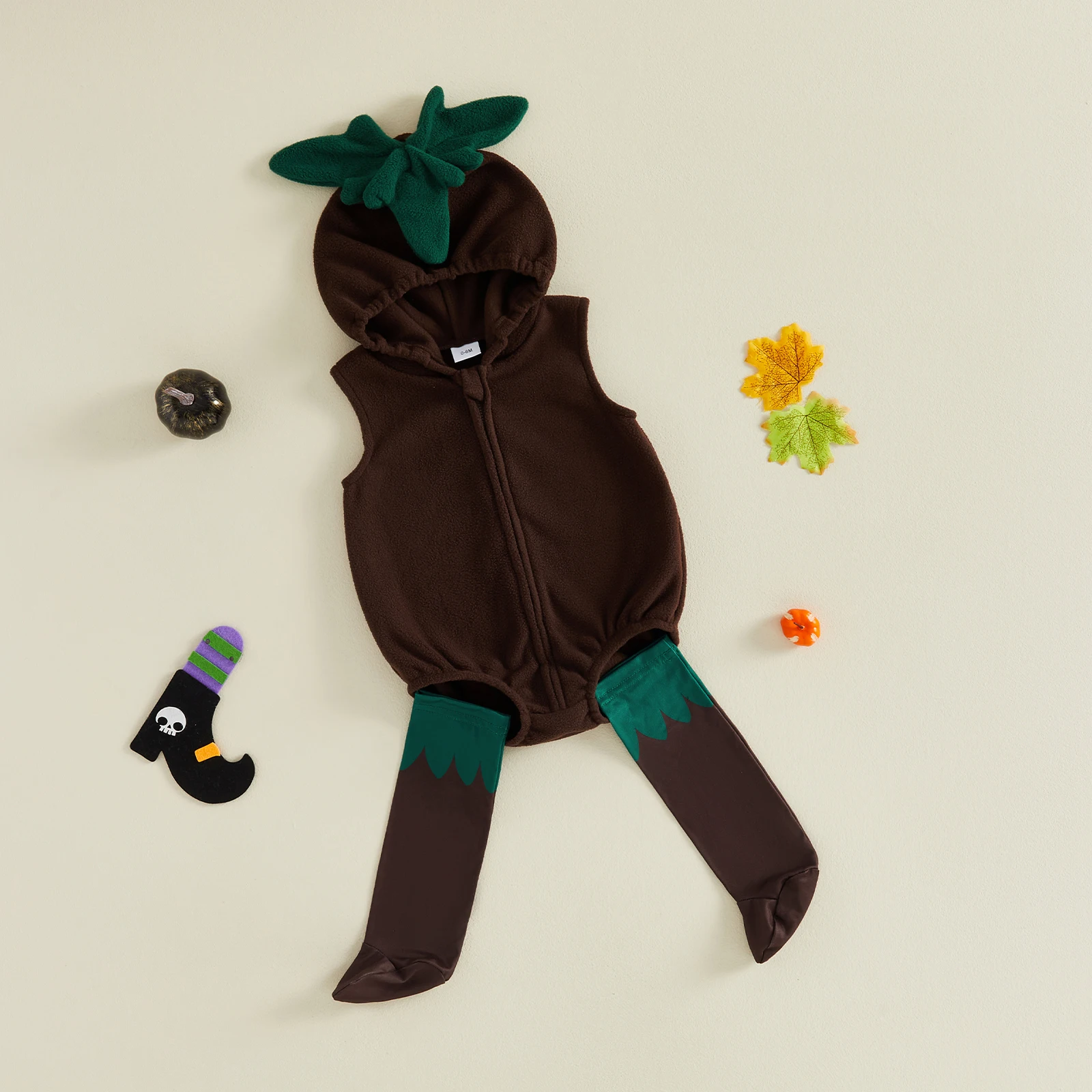 Toddler Baby Boy Halloween Costumes Sleeveless Zip Up Hooded Mandragora Romper with Stockings Animal Photography Costume