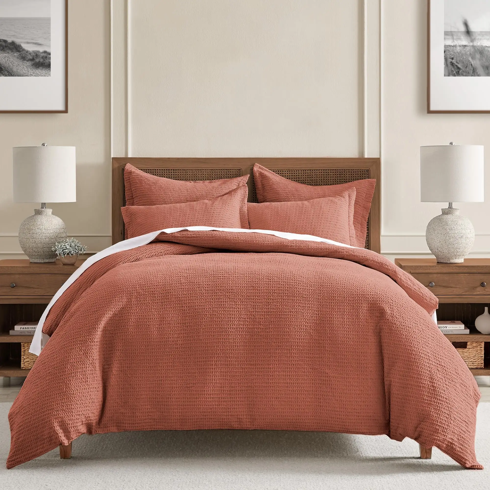 Cloud Waffle Full/Queen Comforter Set (90x94in) with 2 Pillow Shams (26x20in) - Solid Waffle Cotton Texture - Adobe