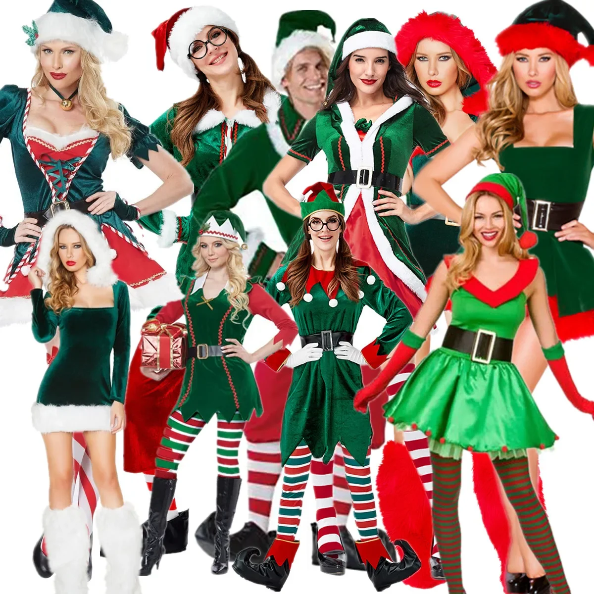 

Deluxe Adult Christmas Green Elf Fancy Dress Xmas New Year Masquerade Santa Claus Couple Cosplay Costume Full Set