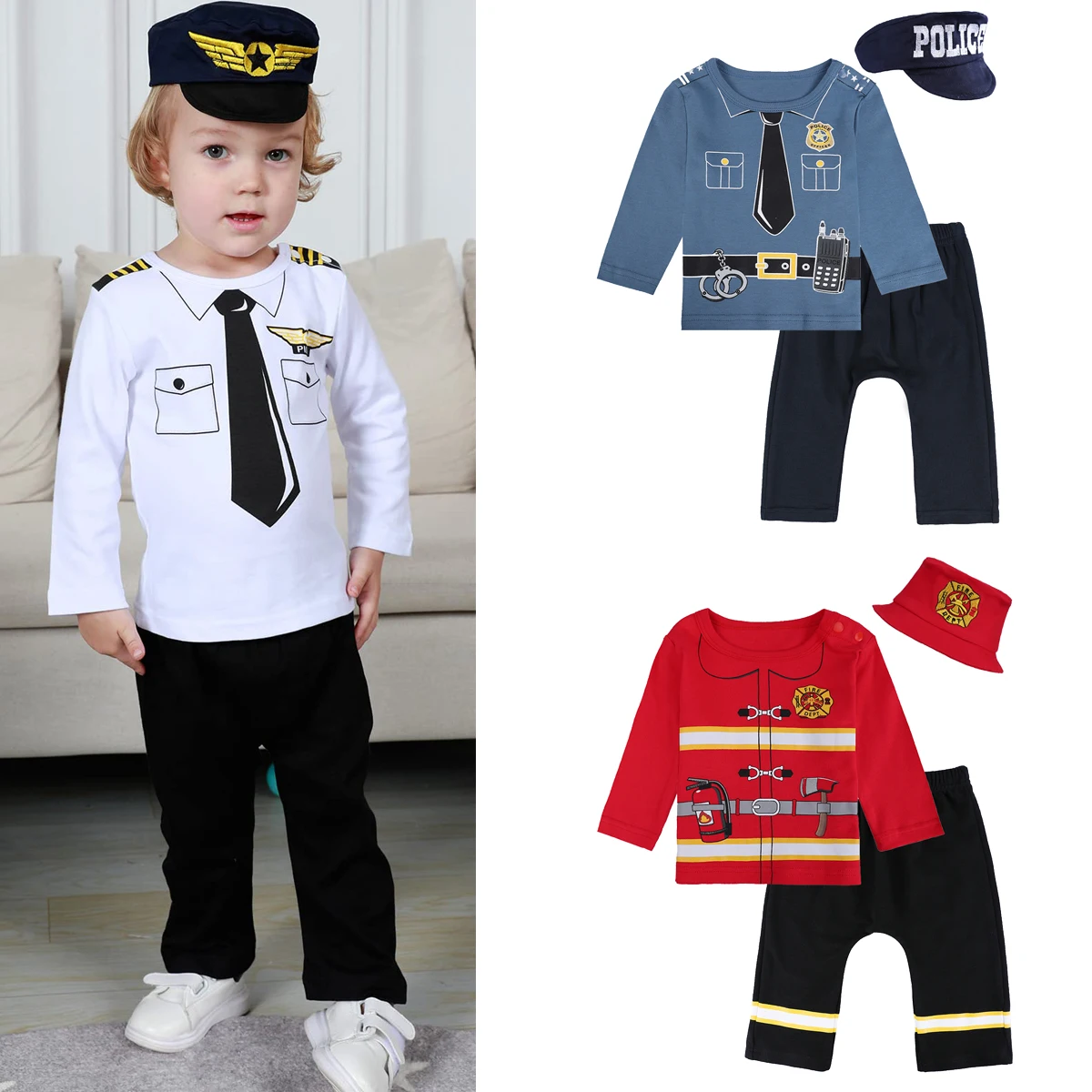 Baby Boys Pilot Costumes Firefighter Clothes Infant Police Cosplay Party Outfits Set Sports Long Pants with Hat Carnival Costume