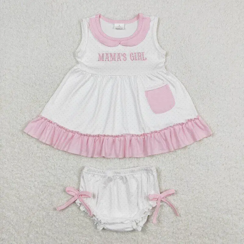 

RTS infant clothing suits baby girls clothes pink white two piece bummie set mama's girl embroidery dots outfitv