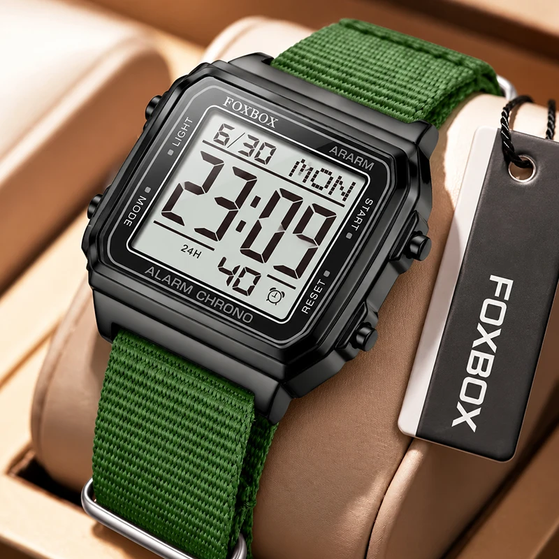 FOXBOX Mens Watches Top Brand Luxury Nylon Strap Analog Digital Wristwatch Waterproof LED Alarm Chronograph Relogio Masculino
